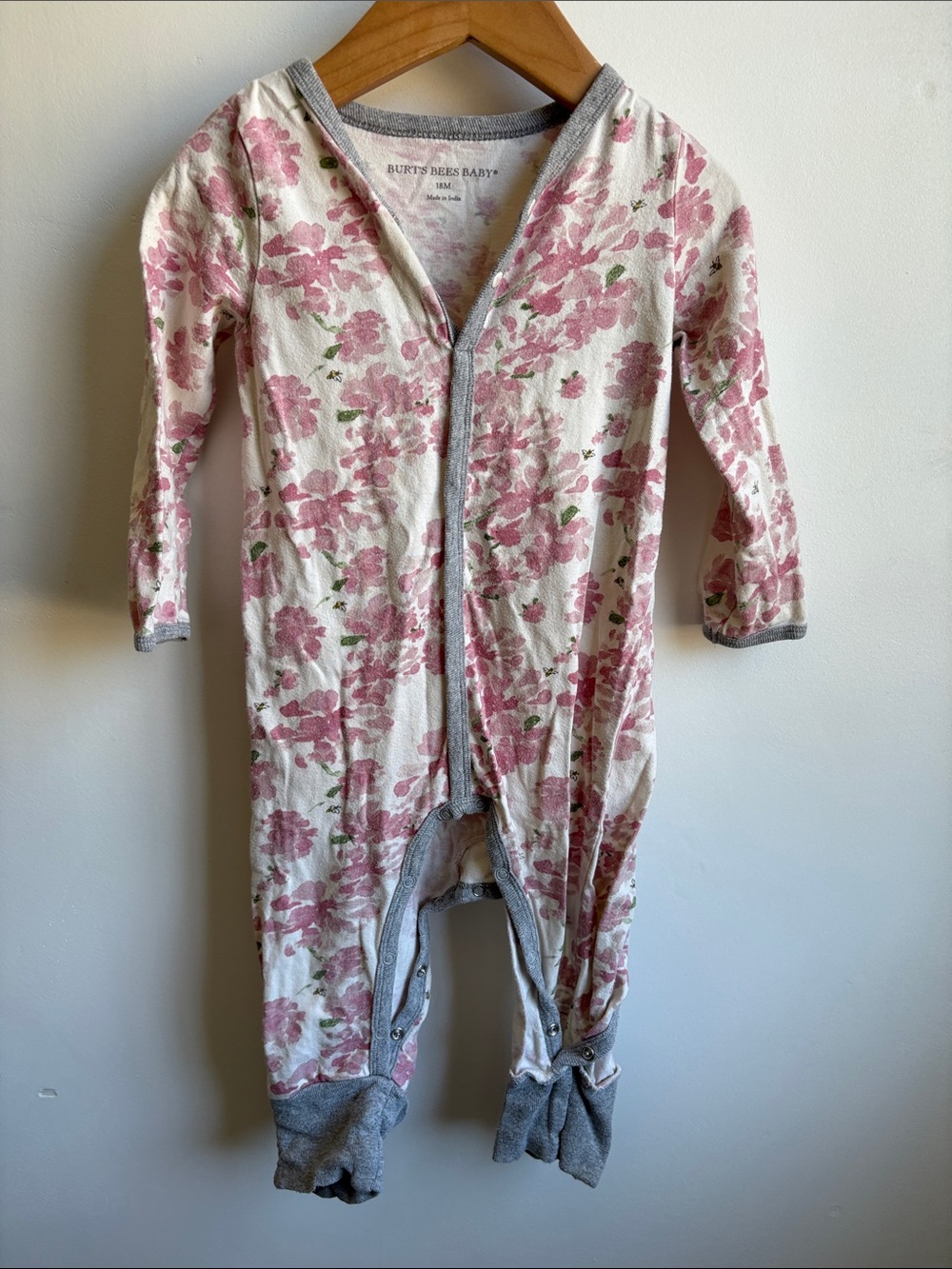 Burt's Bees Baby White Pajama Set with Pink Floral Print and Gray Trim